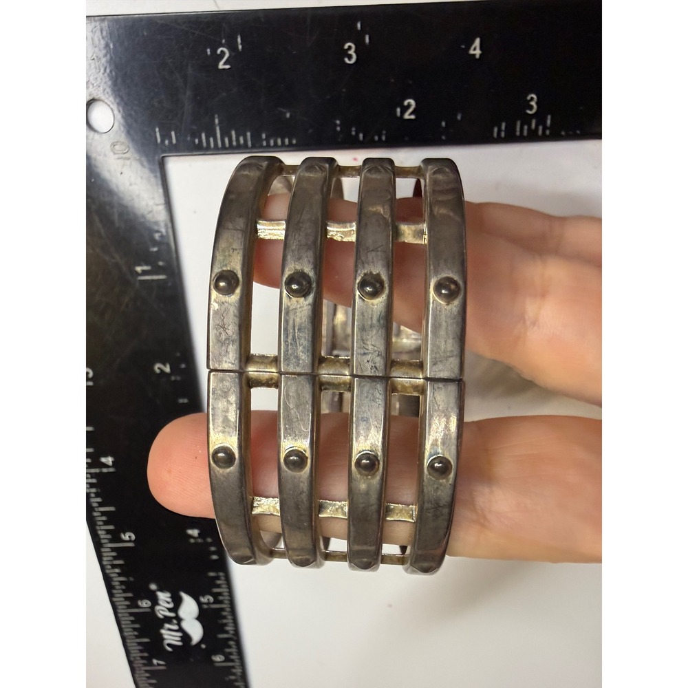 Silver Tone Wide Cage Hinged Cuff Bracelet Studded Openwork Statement Jewelry